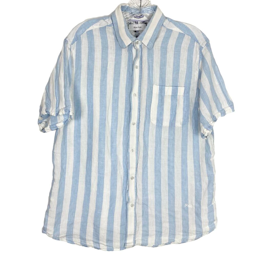 NWOT PORTER & ASH Shirt L Linen 100% Striped Blue-White Short-Sleeve Button-Up